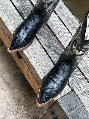 El General Black Authentic Ostrich With Pointed Toe Western Boots Size 8.5 D